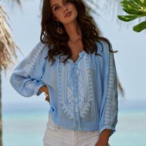 New Melissa Odabash Boho Simona Light Blue Embroidered Long Sleeve Shirt Size OS